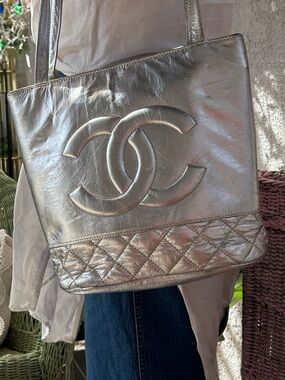 Quality quilted silver Leather tote